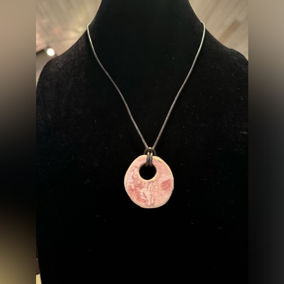 Stone Donut Necklace with a Brown Leather Cord - Picture 2 of 3